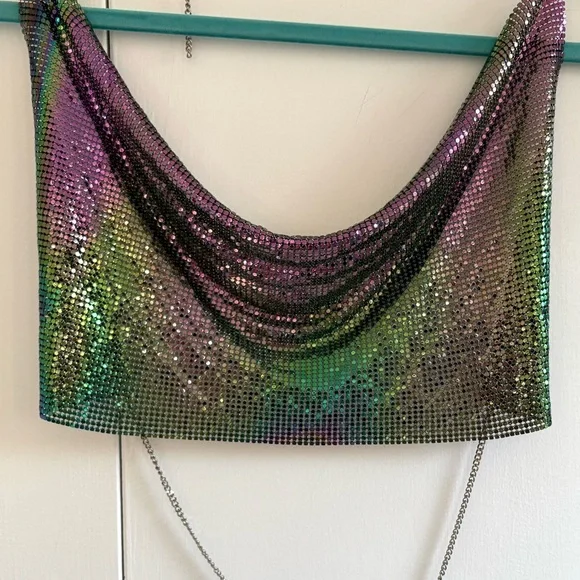 Rainbow Multicolor Chainmail Cowl Neck Crop Top Size Small - Picture 3 of 13